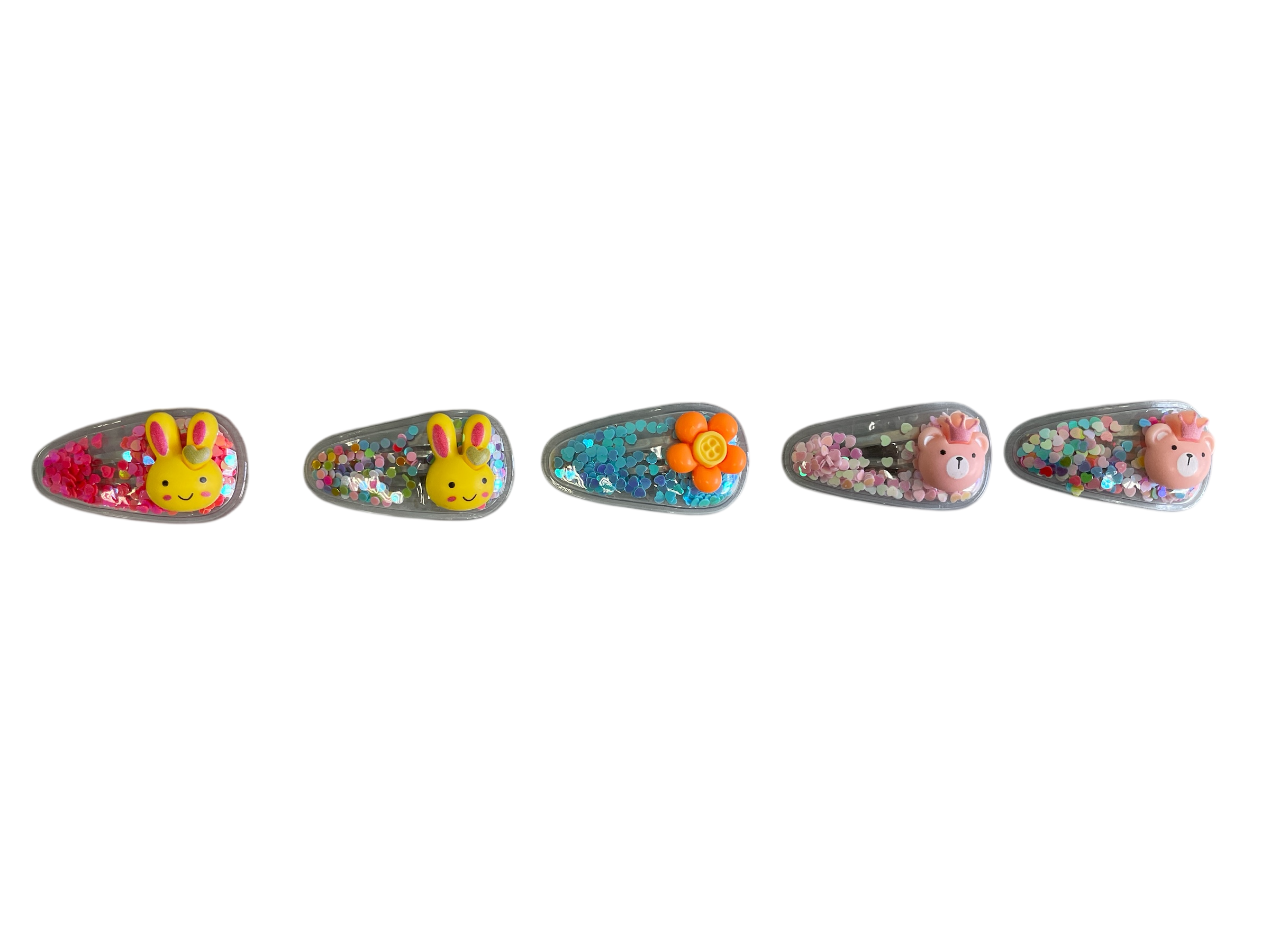 990082 - Pack 5 Clip Transparente relleno de purpurina con motivos infantiles